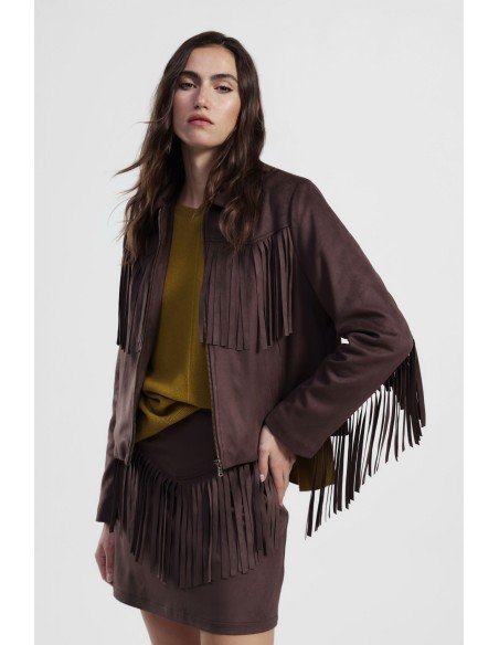 Blazer curto Dixie com franjas e fecho de correr à frente