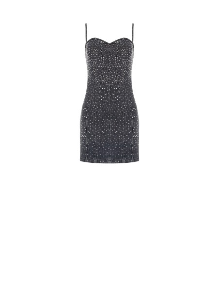 Rinascimento Vestido curto de bainha em ganga com cobertura de strass