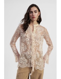 Camisa de renda com gola coreana e mangas compridas Dixie