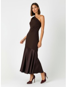 Vestido comprido plissado em crepe de espartilho e fundo de cetim Rinascimento