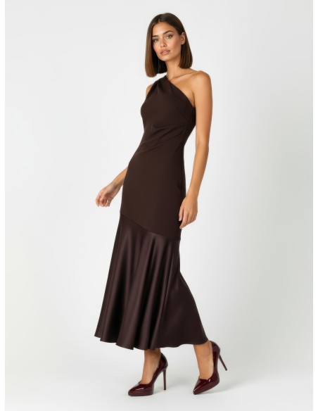 Vestido comprido plissado em crepe de espartilho e fundo de cetim Rinascimento