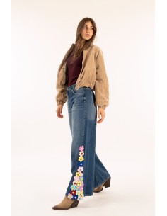 Calças de ganga Palazzo Aplicadas Flores Kontatto