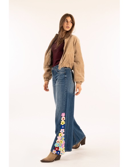 Calças de ganga Palazzo Aplicadas Flores Kontatto