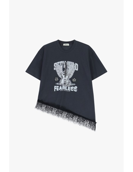 T-Shirt Mangas Curtas Estampa Guitarra e Renda Dixie