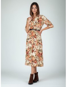 Vestido longo chemisier em viscose com padrão floral e cinto em pele sintética a condizer Rinascimento