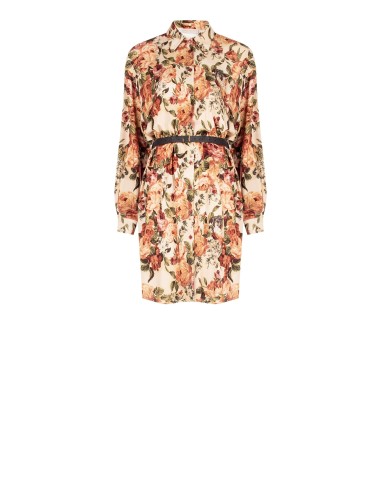 Vestido curto chemisier em viscose floral com cintura em pele sintética combinada Rinascimento