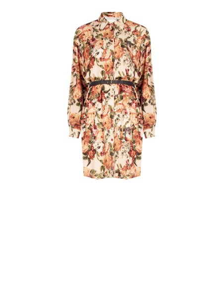 Vestido curto chemisier em viscose floral com cintura em pele sintética combinada Rinascimento