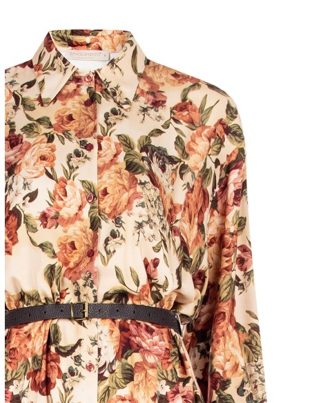 Vestido curto chemisier em viscose floral com cinto em pele sintética combinado Rinascimento