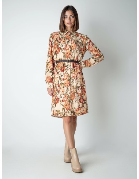 Vestido Curto Chemisier Em Viscose Floral Com Cinto Em Pele Sintética A Condizer Rinascimento