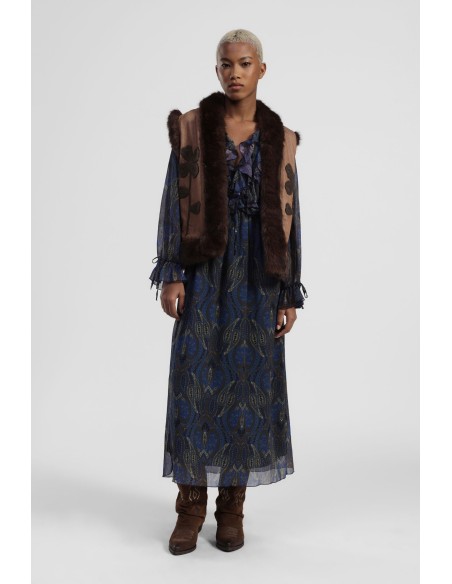 Vestido Longo Estampado Paisley com Volantes Decote em V Dixie