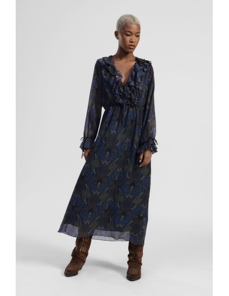 Vestido Comprido Estampa Paisley Folhos Decote em V Dixie