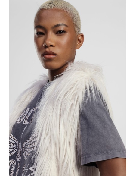 Colete em pêlo ecológico sem mangas com cinto e forro animal print Dixie