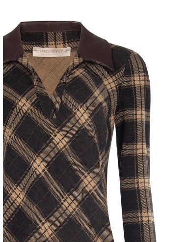 Polo Ajustada Em Tecido Jacquard Xadrez Com Colarinho Em Pele Sintética Rinascimento