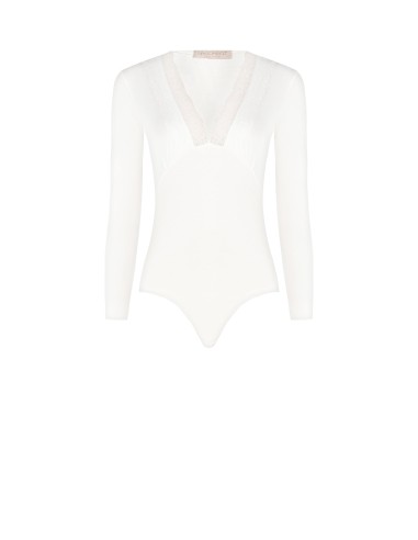 Body em mistura de viscose com decote em V e renda Rinascimento