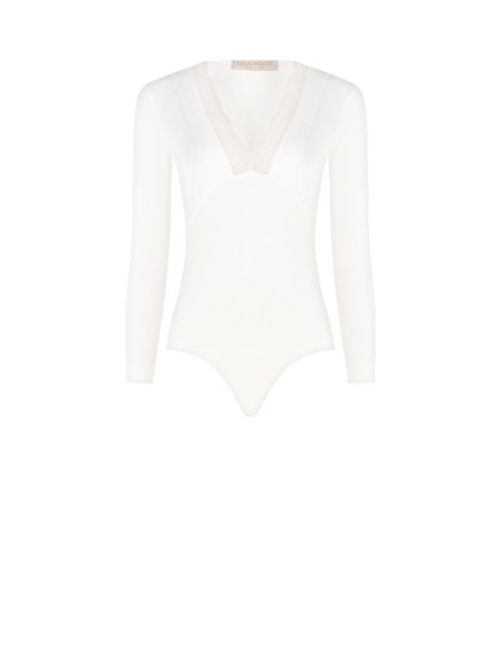 Body em mistura de viscose com decote em V e renda Rinascimento