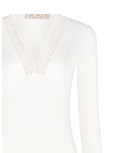 Body em mistura de viscose com decote em V e com renda Rinascimento