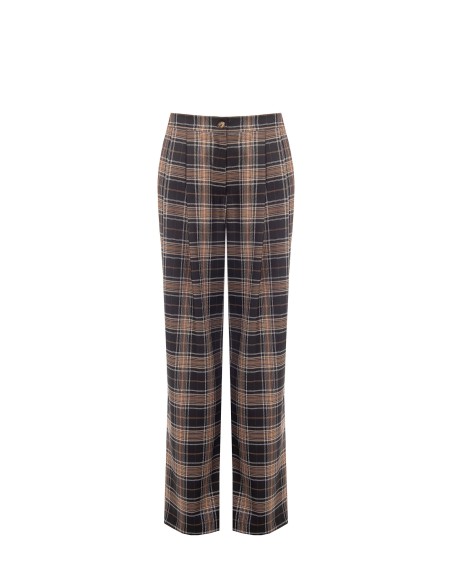 Calças retas em tecido poliviscose xadrez com pences duplas e elástico atrás Rinascimento