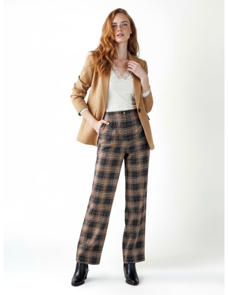 Calças retas em tecido poliviscose xadrez com duas pences e elástico atrás Rinascimento