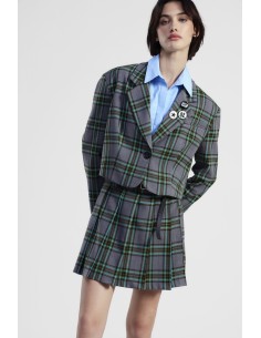 Blazer Curto Xadrez Escocês com Broche e Botões Dixie