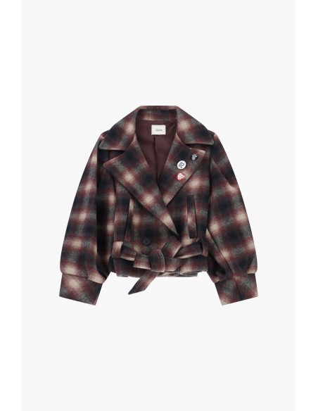 Casaco Curto com Estampa Xadrez e Cinto Dixie