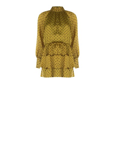 Vestido curto com folhos em cetim ultraleve com padrão de poás e mangas maxi Rinascimento