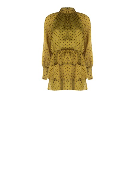 Vestido curto com folhos em cetim ultraleve com padrão de poás e mangas maxi Rinascimento