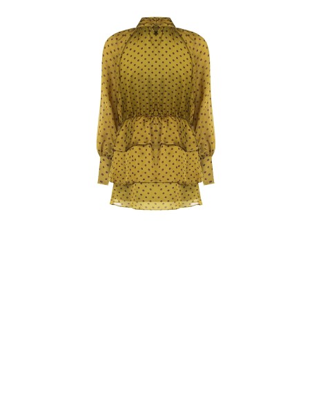 Vestido Curto com Folhos em Raso Muito Leve de Poás e Mangas Maxi Rinascimento