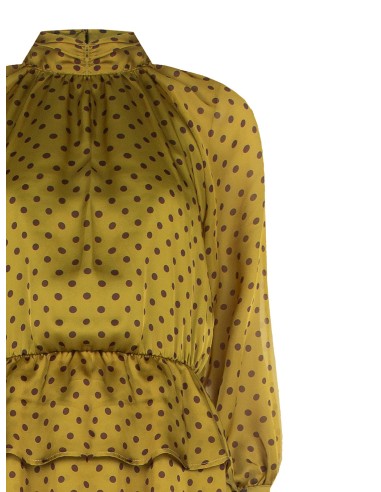 Vestido curto com folhos em cetim ultraleve com padrão de bolinhas e maxi mangas Rinascimento