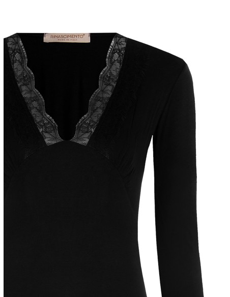 Body em mistura de viscose com decote em V com renda Rinascimento