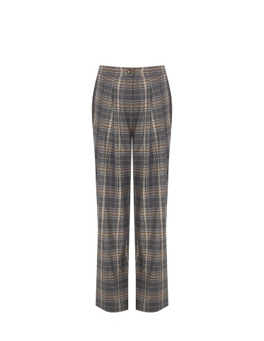 Calças retas em tecido poliviscose xadrez com duas pinças e elástico atrás Rinascimento