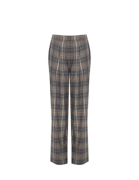 Calças retas em tecido poliviscose xadrez com duas pinças e elástico atrás Rinascimento