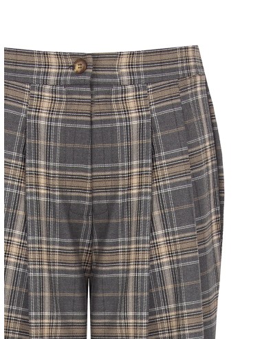 Calças Retas Em Tecido De Poliviscose Xadrez Com Duas Pregas E Elástico Na Parte Traseira Rinascimento