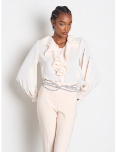 Camisa cintada em cetim com maxi folhos Rinascimento