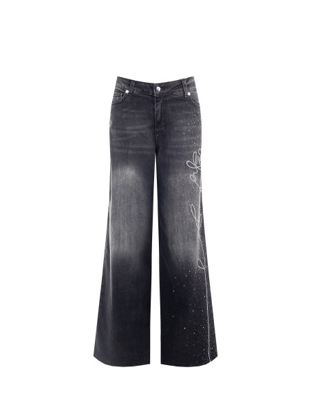 Jeans corte recto com strass e bordado numa perna Rinascimento