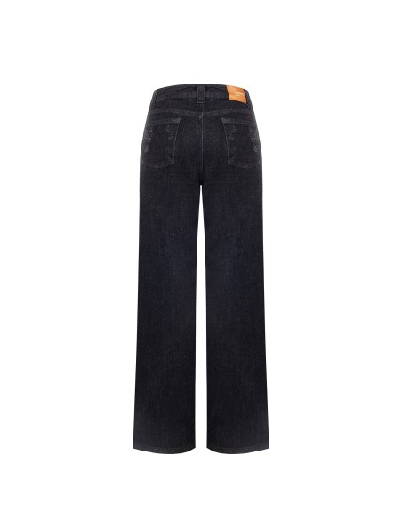 Jeans corte reto com efeito esfumado e estampa animal em strass na parte frontal Rinascimento