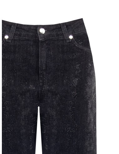 Jeans straight desbotados com motivo maculado em strass na frente Rinascimento