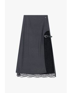 Saia midi com inserção de renda e fivela lateral Dixie