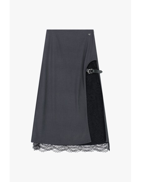 Saia midi com inserção de renda e fivela lateral Dixie