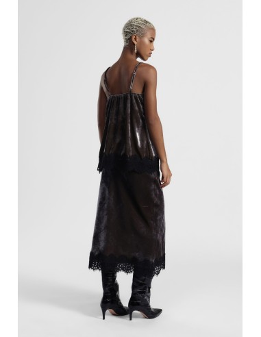 Saia midi efeito veludo com barra de renda Dixie