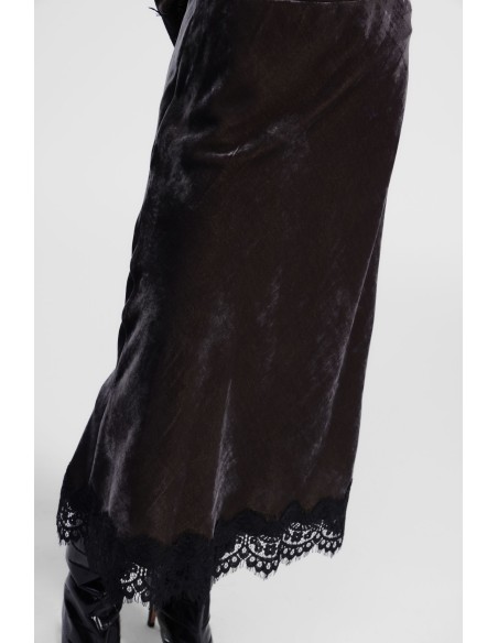 Saia Midi Efeito Veludo com Barra de Renda Dixie