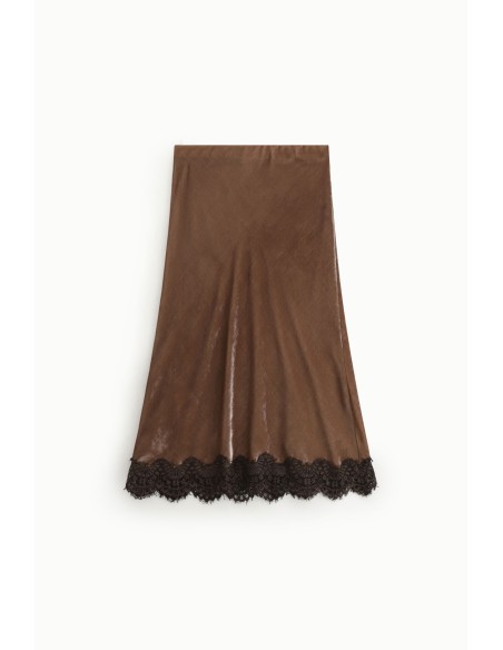 Saia Midi Efeito Veludo Com Barra de Renda Dixie