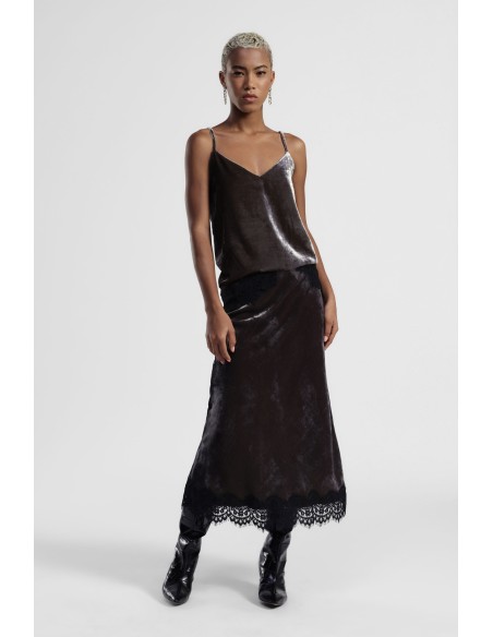 Saia Midi Efeito Veludo com Borda em Renda Dixie