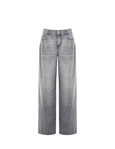 Jeans Wide-Leg com Cristais Cabochon Rinascimento