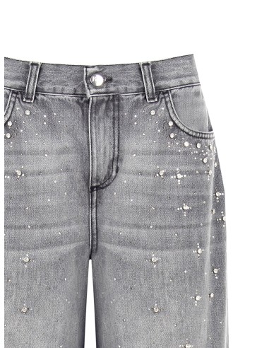 Jeans wide leg com cristais cabochão Rinascimento