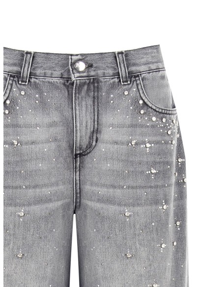 Jeans wide leg com cristais cabochão Rinascimento