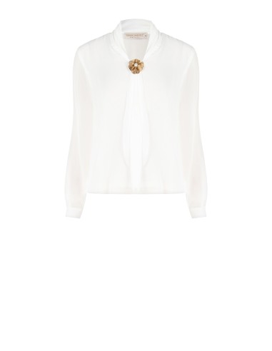 Blusa Fluida Em Georgette Com Broche em Forma de Flor E Foulard Integrado Rinascimento