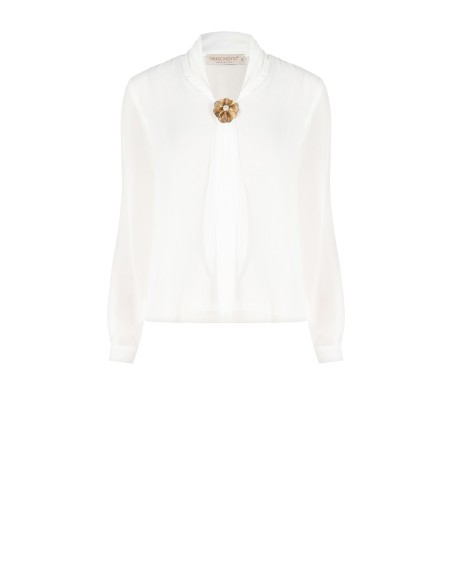 Blusa Fluida Em Georgette Com Broche em Forma de Flor E Foulard Integrado Rinascimento