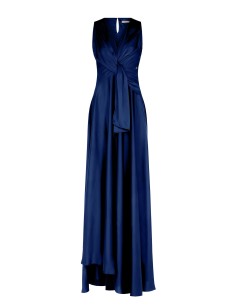 Vestido extra-longo em cetim com decote em V e drapeado na anca Rinascimento