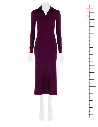 Vestido longo justo em malha canelada com decote em V e colarinho em cetim Rinascimento