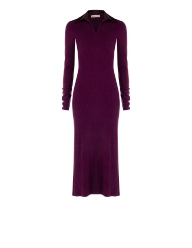 Vestido longo justo em malha canelada com decote em V e colarinho em cetim Rinascimento